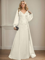 A-Line V-Neck Long Sleeves Floor-Length Chiffon Mother Of The Bride Dresses With Lace