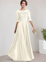 A-line Scoop Illusion Floor-Length Lace Chiffon Mother of the Bride Dress With Pleated Sequins