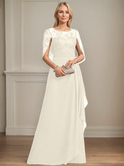 A-line Scoop Illusion Floor-Length Lace Chiffon Mother of the Bride Dress With Cascading Ruffles Sequins