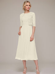 A-line/Princess Scoop Tea-Length Chiffon Mother of the Bride Dress With Lace Jacket