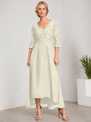 A-line V-Neck Asymmetrical Chiffon Lace Mother of the Bride Dress With Pleated Beading