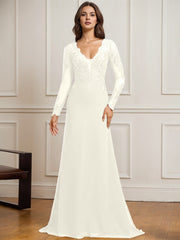 Sheath/Column V-Neck Detachable Sweep Train Lace Tulle Chiffon Mother of the Bride Dress With Sequins