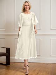 A-line Scoop Tea-Length Lace Chiffon Mother of the Bride Dress With Sequins