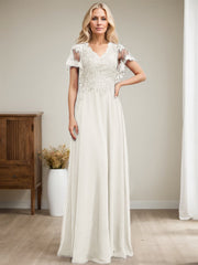 A-line V-Neck Floor-Length Lace Chiffon Mother of the Bride Dress With Sequins