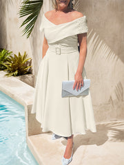 A-Line Off-The-Shoulder Tea-Length Chiffon Mother Of The Bride Dresses With Beading