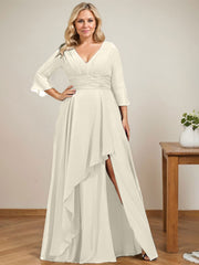 A-line V-Neck Floor-Length Chiffon Mother of the Bride Dress With Cascading Ruffles
