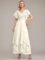 A-line V-Neck Ankle-Length Lace Chiffon Mother of the Bride Dress With Cascading Ruffles