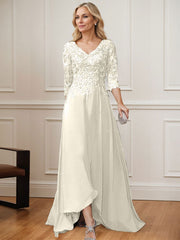A-Line V-Neck 3/4 Sleeves Chiffon Mother Of The Bride Dresses With Lace