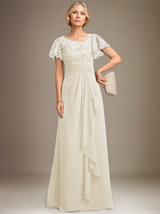 A-line Asymmetrical Illusion Floor-Length Lace Chiffon Mother of the Bride Dress With Cascading Ruffles Sequins