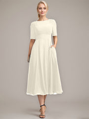 A-line Scoop Tea-Length Chiffon Mother of the Bride Dress With Appliques Lace Sequins