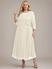 A-line Boat Neck Illusion Tea-Length Lace Chiffon Mother of the Bride Dress With Sequins