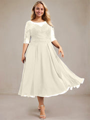 A-line Scoop Illusion Tea-Length Lace Chiffon Mother of the Bride Dress With Sequins
