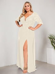 Sheath/Column V-Neck Floor-Length Lace Chiffon Mother of the Bride Dress With Sequins