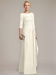 A-line Scoop Illusion Floor-Length Chiffon Lace Mother of the Bride Dress With Beading Sequins Cascading Ruffles
