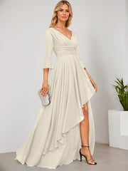 A-line V-Neck Floor-Length Chiffon Mother of the Bride Dress With Cascading Ruffles