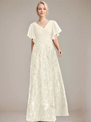 A-line V-Neck Floor-Length Lace Sequin Chiffon Mother of the Bride Dress With Pleated