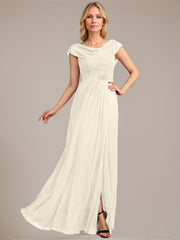 A-line Scoop Floor-Length Mesh Mother of the Bride Dress With Pleated Beading