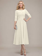 A-line Scoop Illusion Tea-Length Chiffon Lace Mother of the Bride Dress With Sequins Beading