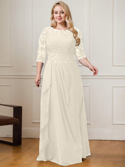 A-line Scoop Floor-Length Lace Chiffon Mother of the Bride Dress With Cascading Ruffles Sequins