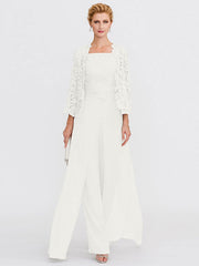 3 Piece Chiffon Square Neck Mother of the Bride Pantsuits with Jacket