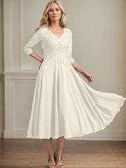 A-line V-Neck Tea-Length Chiffon Lace Mother of the Bride Dress With Beading Sequins