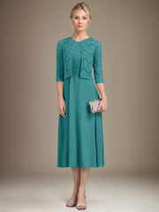 A-line Scoop Tea-Length Chiffon Mother of the Bride Dress With Pleated