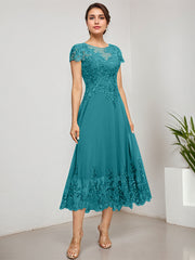 A-line Scoop Illusion Tea-Length Lace Chiffon Mother of the Bride Dress With Sequins