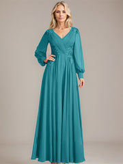 A-line V-Neck Floor-Length Chiffon Mother of the Bride Dress With Sequins Appliques Lace Pleated