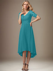 A-line V-Neck Asymmetrical Lace Chiffon Mother of the Bride Dress With Sequins