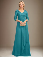 Empire V-Neck Floor-Length Lace Chiffon Mother of the Bride Dress With Cascading Ruffles Sequins