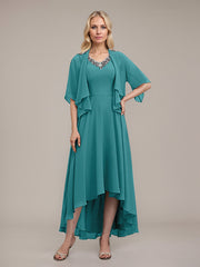 A-line V-Neck Asymmetrical Chiffon Mother of the Bride Dress With Beading Sequins