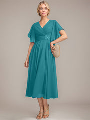 A-line V-Neck Tea-Length Chiffon Mother of the Bride Dress With Pleated Beading