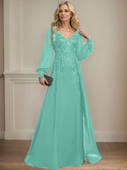 A-Line V-Neck Long Sleeves Floor-Length Chiffon Mother Of The Bride Dresses With Lace