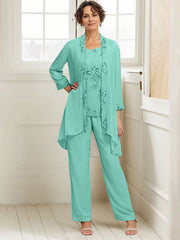 Elegant Appliques 3 Pieces Chiffon Mother of The Bride Jumpsuit with Wrap