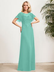 A-line Scoop Illusion Floor-Length Lace Chiffon Mother of the Bride Dress With Sequins