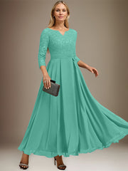 A-line V-Neck Ankle-Length Chiffon Lace Mother of the Bride Dress With Rhinestone