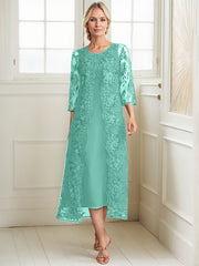 A-line Scoop Tea-Length Lace Chiffon Mother of the Bride Dress