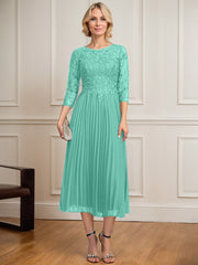 A-line Scoop Illusion Tea-Length Lace Chiffon Mother of the Bride Dress With Sequins Pleated