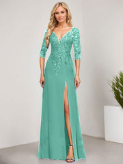Sheath/Column V-Neck Floor-Length Lace Chiffon Mother of the Bride Dress With Sequins