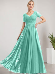 A-line V-Neck Floor-Length Lace Chiffon Mother of the Bride Dress