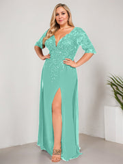 Sheath/Column V-Neck Floor-Length Lace Chiffon Mother of the Bride Dress With Sequins