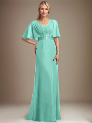 A-line V-Neck Floor-Length Chiffon Mother of the Bride Dress With Sequins Appliques Lace Pleated