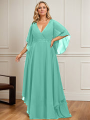 A-line V-Neck Floor-Length Chiffon Mother of the Bride Dress With Sequins Appliques Lace Beading