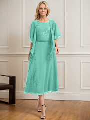 A-line Scoop Tea-Length Lace Chiffon Mother of the Bride Dress With Sequins