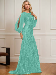 Trumpet/Mermaid Boat Neck Illusion Sweep Train Chiffon Sequin Evening Dress