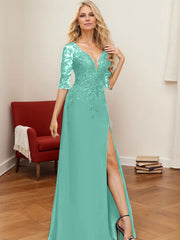 A-Line V-Neck 1/2 Sleeves Floor-Length Chiffon Mother Of The Bride Dresses With Lace