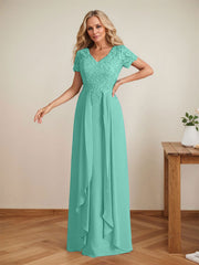 Elegant A-Line Chiffon V-neck Mother of the Brides Dresses Lace Top MOB Dresses
