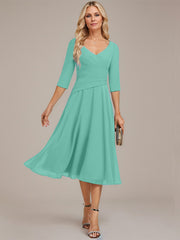 A-line V-Neck Tea-Length Chiffon Mother of the Bride Dress With Pleated