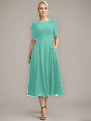 A-line Scoop Tea-Length Chiffon Mother of the Bride Dress With Appliques Lace Sequins