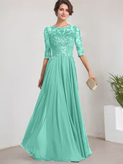 A-line Scoop Illusion Floor-Length Lace Chiffon Mother of the Bride Dress With Pleated Sequins